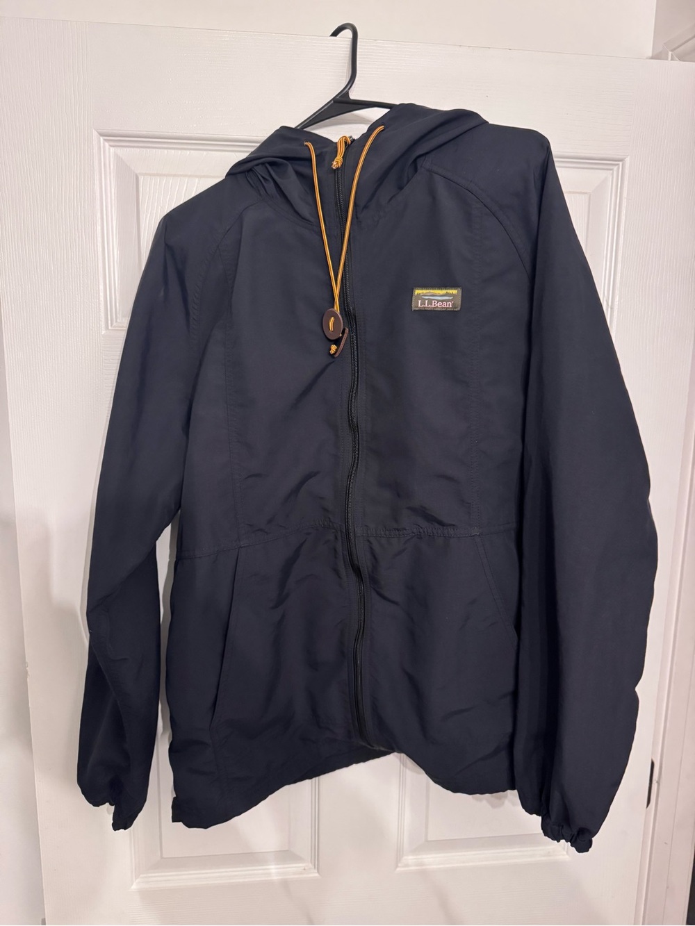 L.L. Bean Men's Navy Hooded Windbreaker with Gold Drawcord